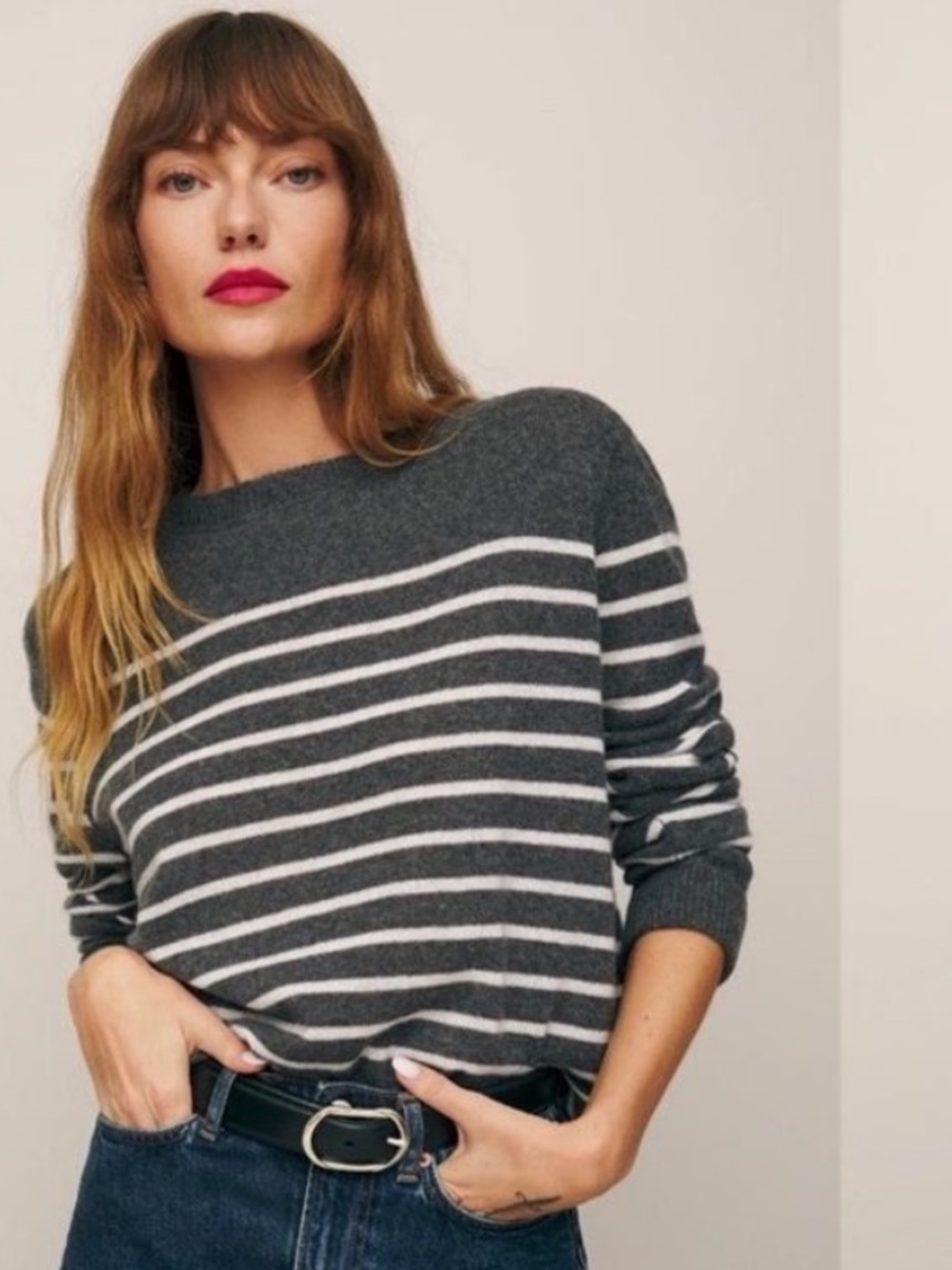 Reformation 100% Cashmere Boyfriend Sweater Grey White Striped Kitten Soft